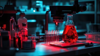 Poster - Nanotechnology research setup with a clear glass and red bottle on a table, illuminated by a red light, showcasing advanced scientific equipment.