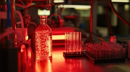 Poster - Nanotechnology research setup with a clear glass and red bottle on a table, illuminated by a red light, showcasing advanced scientific equipment.