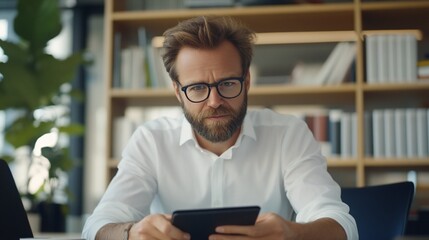 Wall Mural - Serious man using tablet in office.