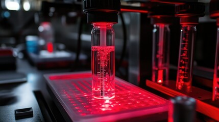 Poster - Nanotechnology research setup with a clear glass and red bottle on a table, illuminated by a red light, showcasing advanced scientific equipment.