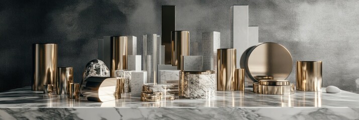 Poster - A collection of geometric shapes in gold and silver tones on a marble surface.