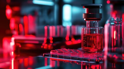 Poster - Red light illuminates a glass container and red bottle in a nanotechnology research lab, hinting at cutting-edge scientific developments.