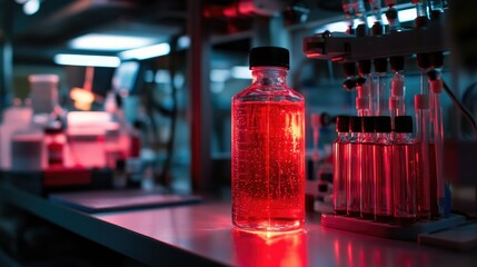 Poster - Red light illuminates a glass container and red bottle in a nanotechnology research lab, hinting at cutting-edge scientific developments.