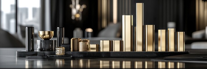 Poster - A stylish arrangement of gold and black geometric shapes on a sleek surface.