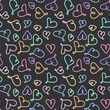 © Svetlana - Doodle colorful Hearts Seamless pattern. Outline heart shapes on black Background. Funny Scribble. Template for package wrapping paper card wallpaper textile print banner