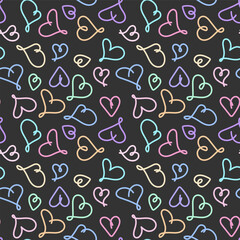 Poster - Doodle colorful Hearts Seamless pattern. Outline heart shapes on black Background. Funny Scribble. Template for package wrapping paper card wallpaper textile print banner