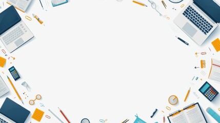Fototapete - Illustration background with line drawings of office equipment and laptop computers. It is a graphic resource for presentations. There is space for text.