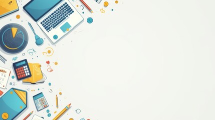 Fototapete - Illustration background with line drawings of office equipment and laptop computers. It is a graphic resource for presentations. There is space for text.