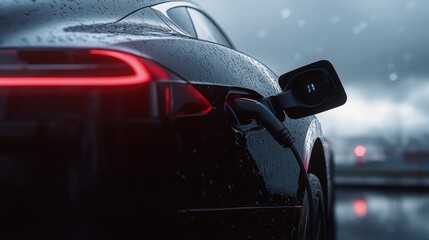 Poster - A black electric car is plugged into a charging station. Raindrops cover the car's body. The charging station is visible in the background.