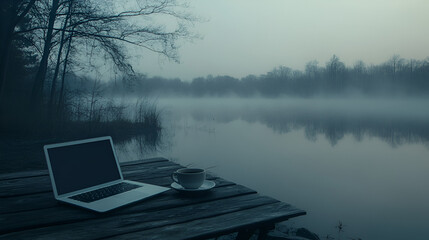 Wall Mural - Remote workstation set up by a foggy lake laptop and coffee for a quiet and introspective feel Copy space