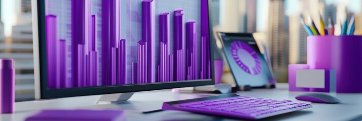 Poster - A modern workspace featuring purple-themed graphics and office supplies.