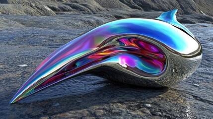 Poster - Iridescent Sculpture Rests On Dark Rocky Surface