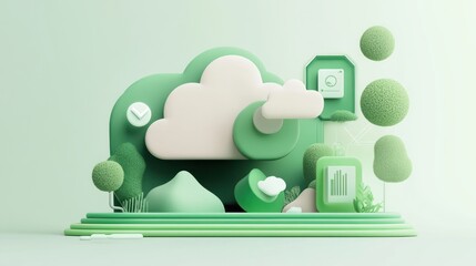 Aufkleber - A stylized green landscape featuring clouds, trees, and icons representing data and sustainability.