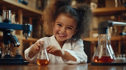 Poster - A joyful child in a lab coat experiments with colorful liquids in a science setting.