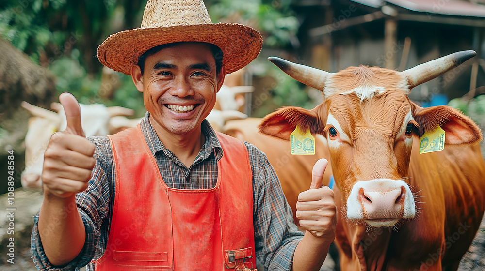 A Smiling Farmer in a Straw Hat Gives a Thumbs Up While Standing Next ...