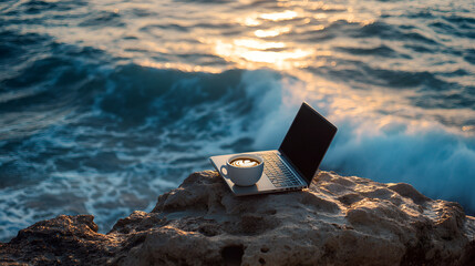 Wall Mural - Seaside workspace on a smooth rock with laptop and coffee powerful ocean waves close by for inspiration Copy space