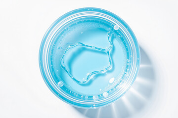 Poster - A top-down view of a clear glass filled with blue liquid and bubbles, showcasing the refreshing drink and its vibrant color for the drinks industry.