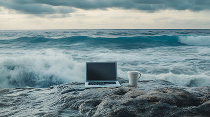 Wall Mural - Seaside workspace on a smooth rock with laptop and coffee powerful ocean waves close by for inspiration Copy space