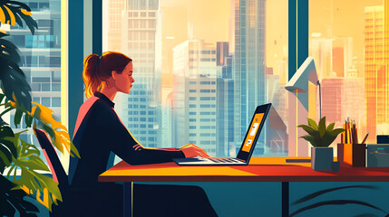 Wall Mural - Side view of a woman working on her laptop in a small, organized workspace with an inspiring cityscape through the window 