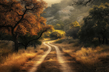 Wall Mural - A serene countryside path glimmers in golden autumn light, flanked by trees with rich, warm foliage, leading into a misty, peaceful forested landscape.