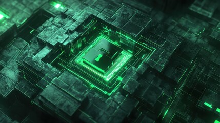 Poster - A futuristic digital landscape featuring glowing green elements and a central symbol.