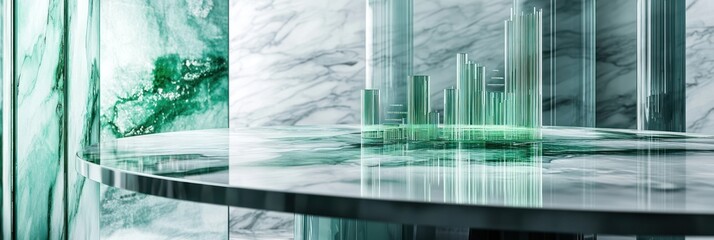 Poster - A modern table design featuring glass and marble with green accents.