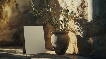 Poster - A serene setting featuring a blank card and a potted plant against a textured wall.