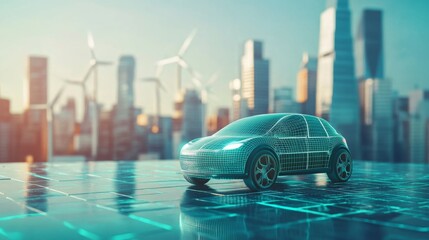 Poster - A sleek electric car model is displayed on a digital grid, surrounded by a vibrant city skyline featuring wind turbines. The setting highlights innovation in sustainable transportation.