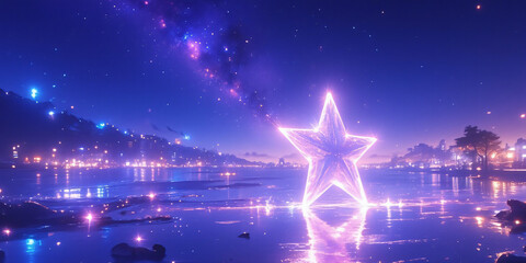 Poster - An enchanting view of a glowing star shape reflecting on water, surrounded by a vibrant night sky filled with stars, creating a dreamlike atmosphere.