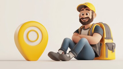 Poster - A cheerful cartoon character with a backpack sits beside a yellow location marker.