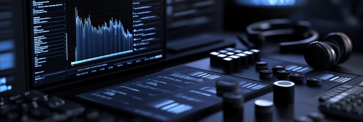 Poster - A sleek control panel with screens displaying data and audio equipment for sound management.