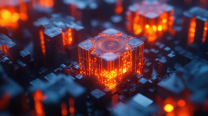 Poster - Glowing Orange Cube in a Futuristic, Dark, Crystalline Circuit Board