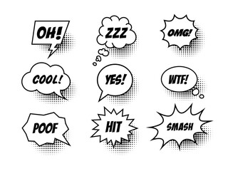 set of black and white comic speech bubbles with text isolated on a white background. vector flat il
