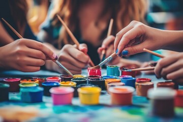 Aufkleber - A group of hands painting with colorful paints and brushes in a creative setting.
