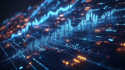 Wall Mural - Financial data visualization with 3D blue glowing bar charts and line graphs displaying stock market analytics on dark background, enhanced by holographic display and volumetric lighting.