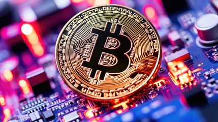 Poster - Close-up of a gold Bitcoin cryptocurrency coin on a circuit board with vibrant lighting.