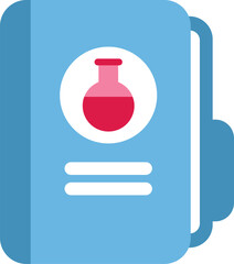 Poster - simple flat vector illustration of a chemistry book featuring an erlenmeyer flask containing a pink 