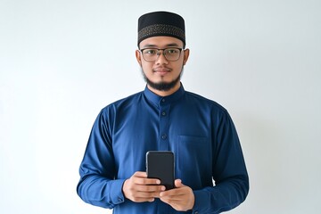 Modern Muslim Man with Smartphone: A portrait of a confident and stylish young man, dressed in traditional Islamic attire, holding a smartphone, capturing the intersection of faith, technology.