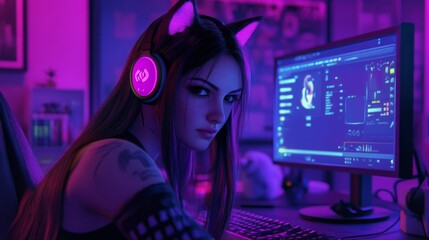 Poster - A young adult wearing cat ear headphones is focused on gaming while surrounded by colorful lighting.