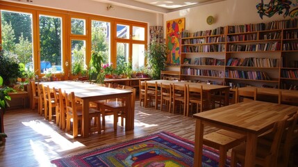 Aufkleber - A cozy, well-lit library with wooden tables, bookshelves, and plants for a peaceful reading space.