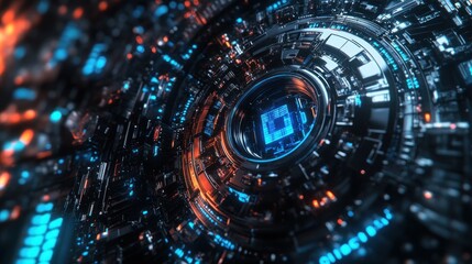 Poster - A futuristic, abstract digital design featuring intricate circuits and glowing elements.