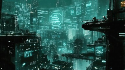 Poster - Futuristic Cyberpunk Cityscape at Night with Data Overlays