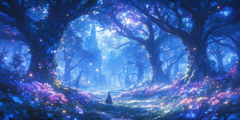 Poster - A magical forest scene illuminated with soft blue and purple lights, featuring a pathway lined with glowing flowers, creating a whimsical atmosphere for fantasy settings.