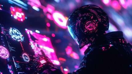 Poster - Futuristic Cyborg Interacts with Holographic Data Interface