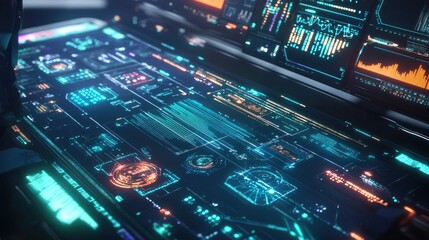 Poster - Futuristic Tech Interface: Glowing Cyan and Orange HUD Displays