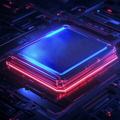 Poster - abstract digital background featuring a glowing microchip with neon lighting on a circuit board, sym
