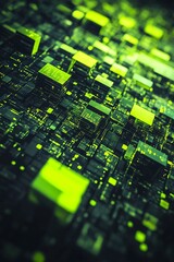 Poster - abstract digital landscape of bright green and dark blocks representing data and technology integrat
