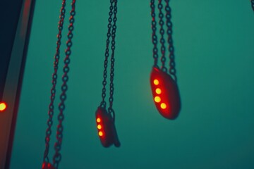 Poster - Abstract image of illuminated objects hanging from chains against a colorful background.
