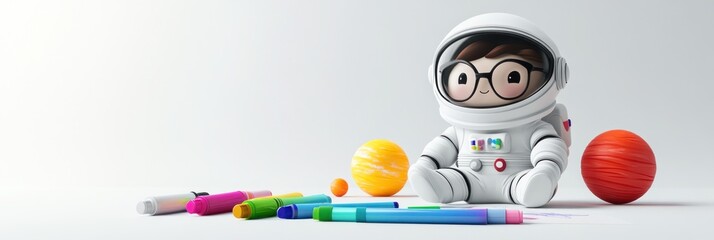 Poster - A young astronaut surrounded by colorful markers and balls, promoting creativity and exploration.