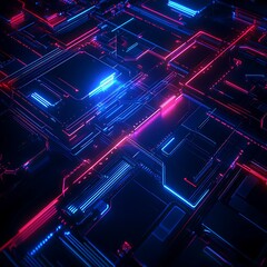 Poster - abstract futuristic digital landscape with glowing neon circuitry in blue and red colors showcasing 